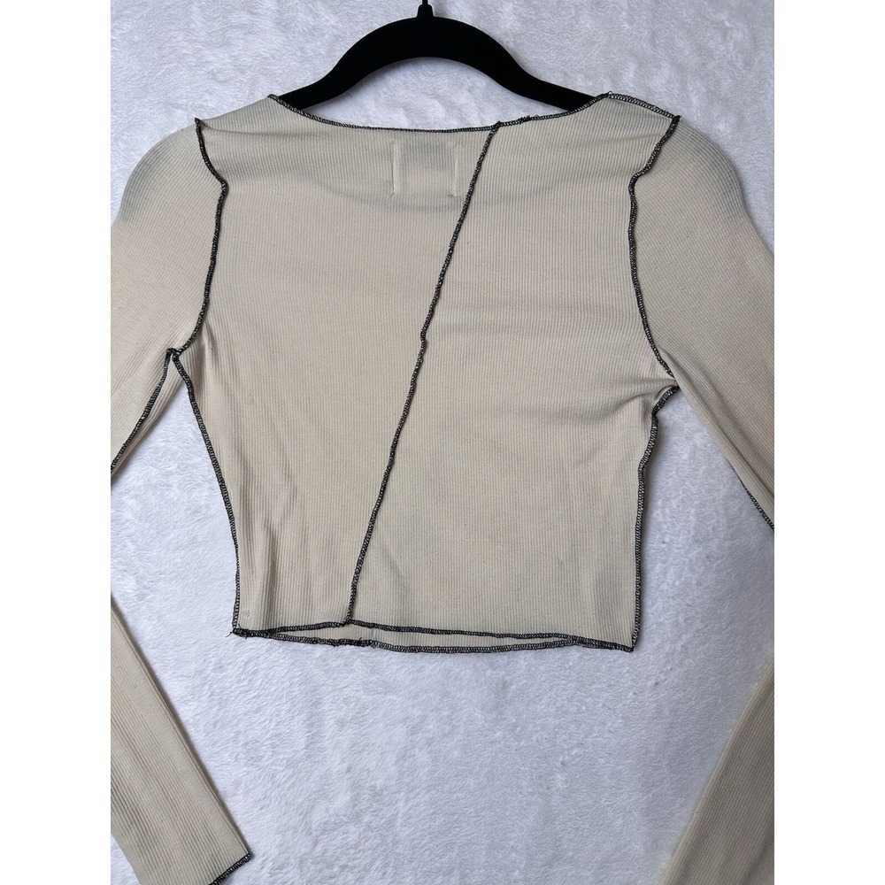 Princess Polly Crop Top Womens 4 Waffle Knit Off White Long Sleeve Black Trim - Picture 9 of 12